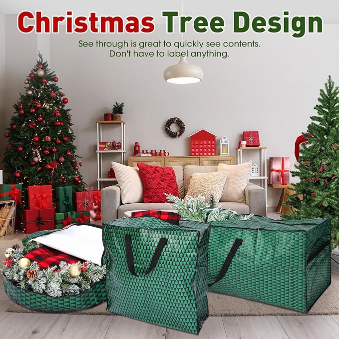 5 Pack Christmas Storage Bags,7.5 ft Green Christmas Tree Large Bag, 24" Wreath Containers and 25" Garland Packing Tote Moving Bags with Handle Zipper for Artificial Xmas Tree Wreath Garland