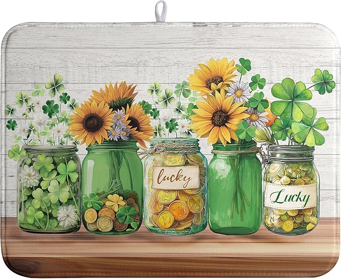 St Patricks Day Shamrock Dish Drying Mats St Patrick's Day Spring Dish Mat Sunflowers Drying Matt Dishes Dryer Pad for Kitchen Counter Absorbent Microfiber Washable Foldable Reusable 18x24 in