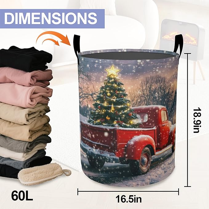 Christmas Laundry Basket, Retro Truck Tree Oxford Cloth Laundry Hamper With Handle Foldable Portable Clothes Storage Basket Storage Bag For Laundry Room/Bathroom/Bedroom/Dormitories