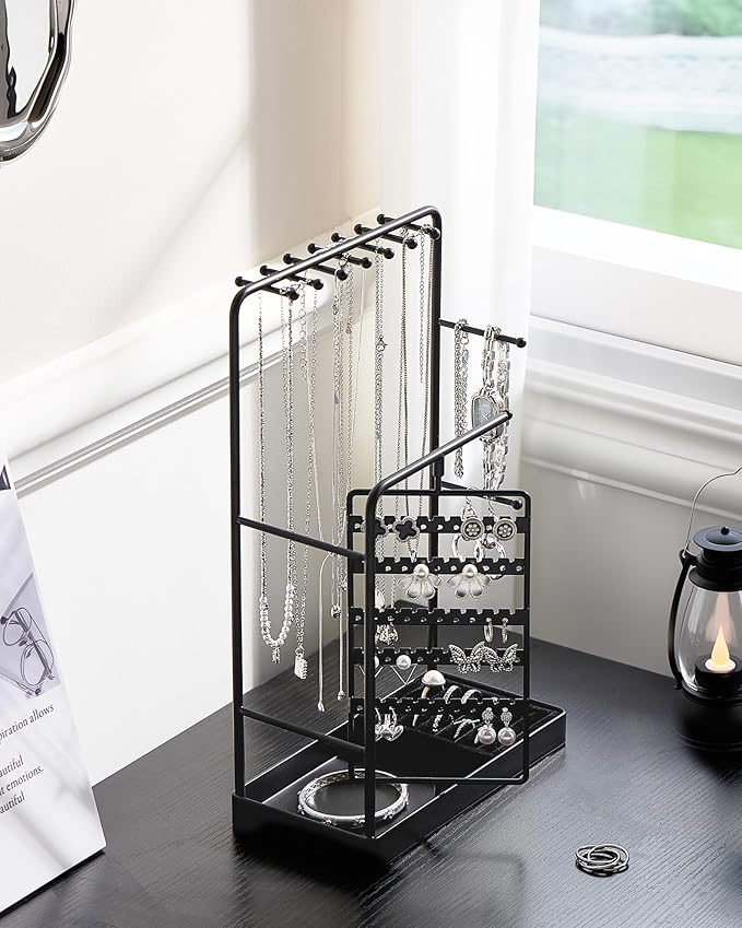 ProCase Jewelry Stand Holder Organizer, Jewelry Display Storage with Ring Tray, No-Assembly Needed, Rotating Earring Bracelet Necklace Holder, Christmas Gifts Room Dorm Decor for Teen Girls -Black