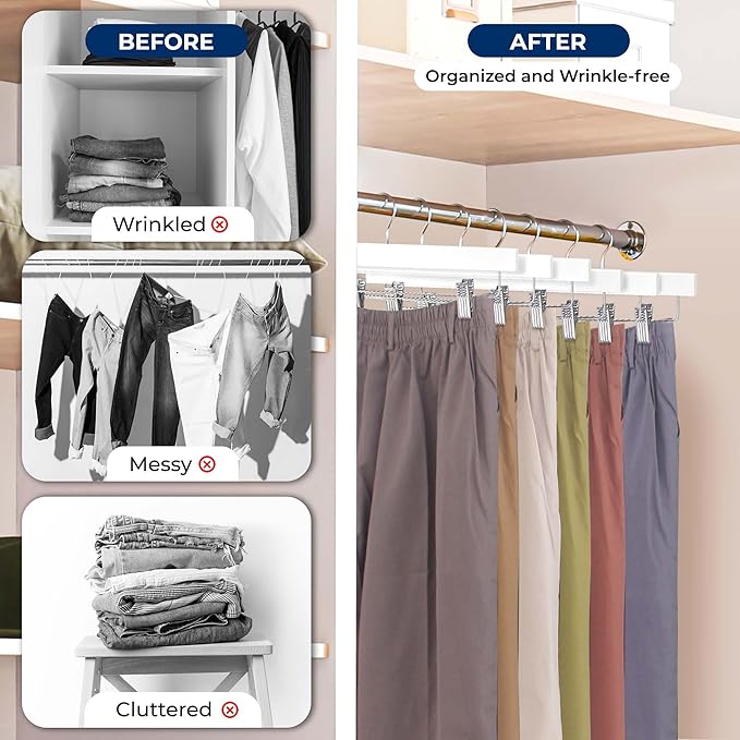 SereneLife 20 Pack Skirt and Pant Hanger with Adjustable Non-Slip Steel Clips, Premium Wooden, 360° Swivel Hook & 10 lb Capacity – Space-Saving Heavy-Duty Hangers for Jeans, Shorts & Slacks (White)