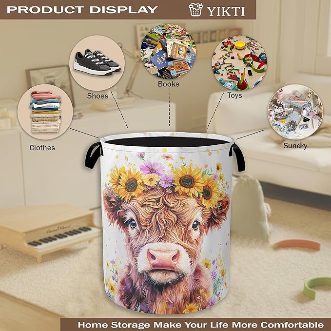 Collapsible Laundry Basket,Cute Highland Cow Dirty Clothes Hamper,Watercolor Flowers Hampers for Bedroom Waterproof Oxford Cloth Storage Organizer for Bathroom,Nursery,Dorm,16x20 Inch