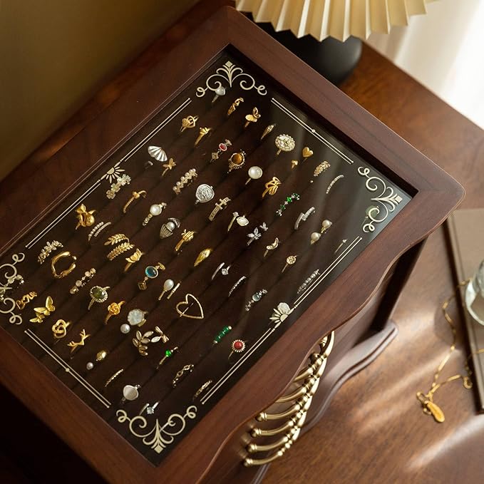 Kinsuite Black Walnet Jewelry Box with Glass Top & 6 Drawers - Handcrafted Vintage Organizer, Gold Hardware, for Necklaces, Rings, Watches - Elegant Display & Storage Chest for Women