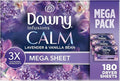 Downy CALM, Mega Dryer Sheets, Laundry Fabric Softener, Lavender and Vanilla Bean, 180 Count