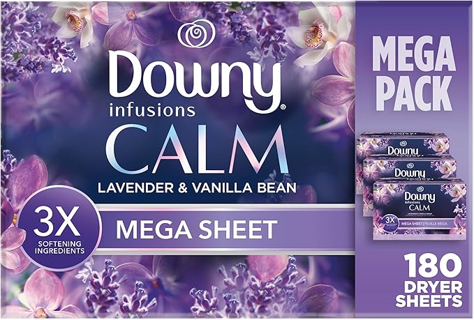 Downy CALM, Mega Dryer Sheets, Laundry Fabric Softener, Lavender and Vanilla Bean, 180 Count