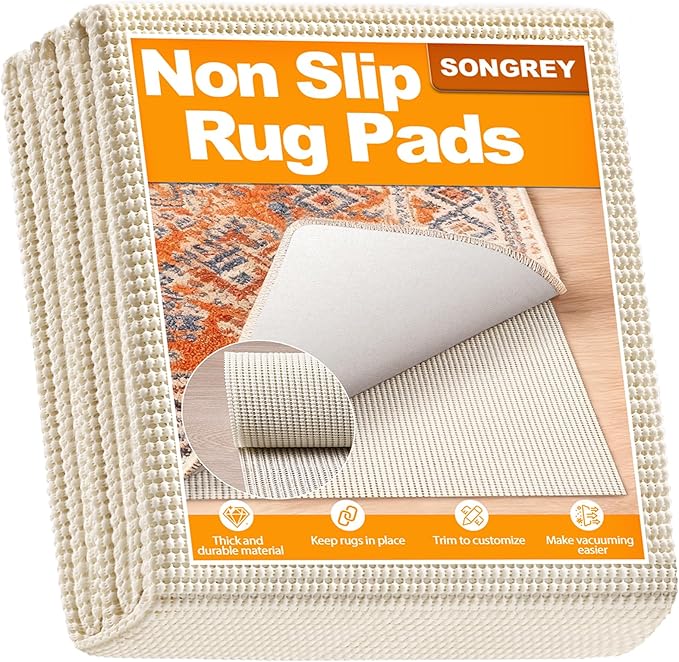Songrey Non-Slip Rug Pad 5x8 FT, Extra Thick Carpet Pads for Hard Surfaces, Prevents Sliding and Secures Rugs, Provides Floor Protection with Comfort Cushioning