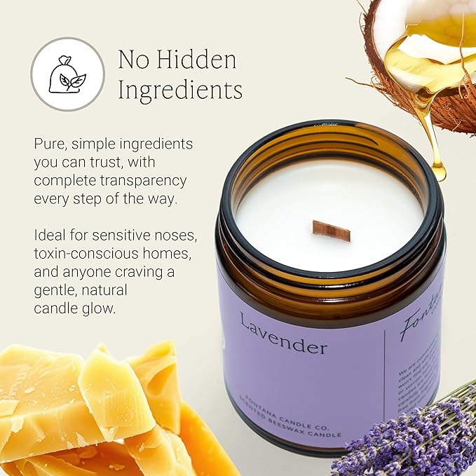 Fontana Candle Co Wood Wick Beeswax Jar Candles, Lavender - Made with Coconut Oil & Pure Essential Oils – Clean Burn, Long Lasting and Non-Toxic Candles for Home & Room Decor