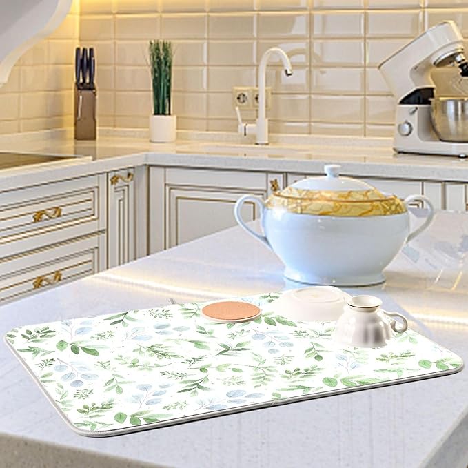 Green Eucalyptus Leaves Dish Drying Mat for Kitchen Countertop 16x18 Rectangle Small Drying Mat Reusable Quick Dry Dish Sink Absorbent Mats Dishwasher Easy Clean Decorative Home Decor Essentials