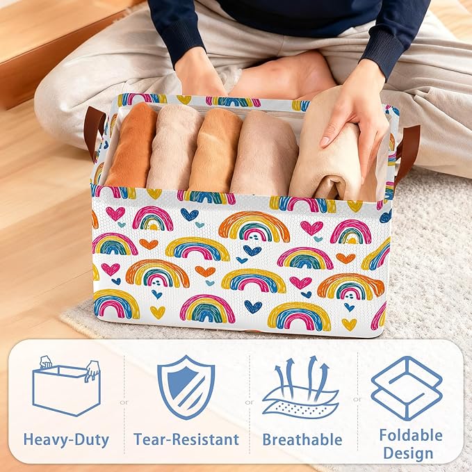 Rainbow Storage Baskets,Heart Foldable Organizer Bin with Handles for Home Living Room Bedroom Closet Box 17x11.5x10Inch