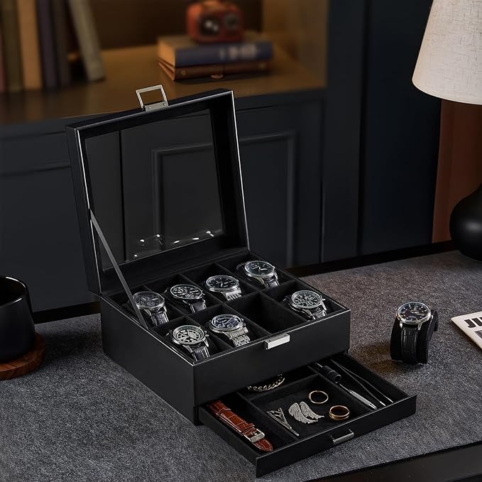 ProCase Watch Case, 8 Slot Mens Watch Box Holder Organizer with Glass Lid, 2-Layer Watches Display Case, Mens Jewelry Box with Drawer, Birthday Valentine Gifts for Men Women -8 Slot, Black