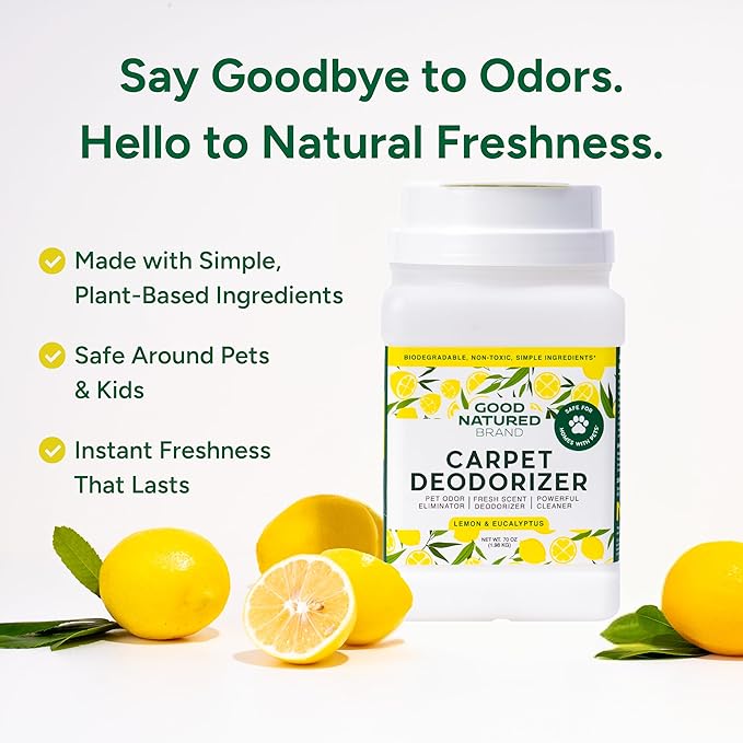 Good Natured Brand | Carpet Deodorizer & Freshener Powder | 70 oz Pet Odor Eliminator for Strong Odor & Pet Urine | Fresh Natural Lemon & Eucalyptus Scent | Safe for Homes with Pets