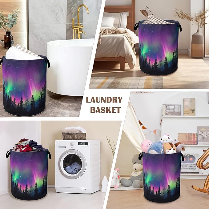 Northern Lights Laundry Hamper,Collapsible Laundry Baskets,Dark Forest Dirty Clothes Baskets with Handles,Oxford Cloth Hamper for Bedroom,Bathroom,College Dorms, 16"x20"