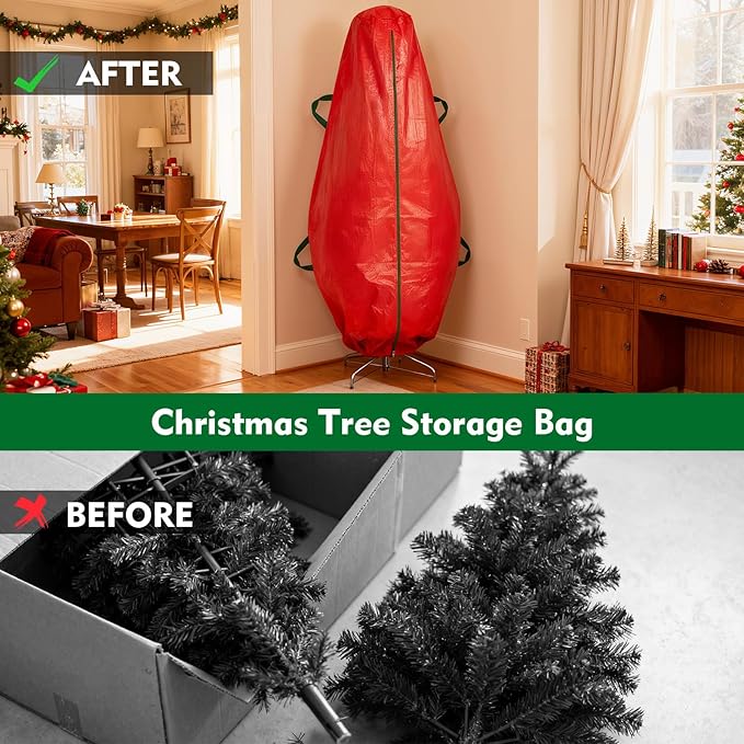 7.5 ft Christmas Tree Storage Bag, Upright Christmas Tree Bag with Strong Handles, Waterproof & Tear Resistant Xmas Storage Cover with Zippers for Wide Opening(Red)