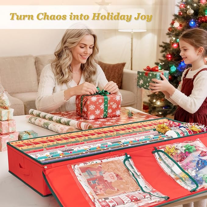 Criusia Gift Wrapping Paper Organizer Storage, Durable Underbed Storage Container Fits 24 Rolls, with Removable Dividers and Pockets for Ribbon, Ornaments, Holiday Accessories, Red