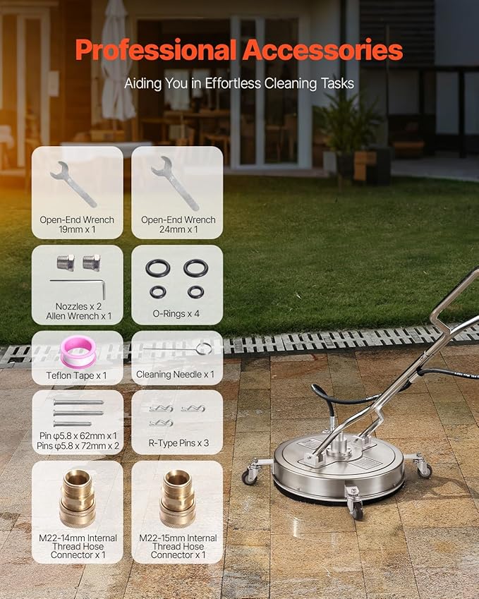 VEVOR 21" Pressure Washer Surface Cleaner, Stainless Steel Pressure Washer Attachments with 4 Wheels, 4500 Max PSI, 3/8 Quick Connector, 2 Spray Nozzles, Dual Handle, for Concrete, Patio, Sidewalk