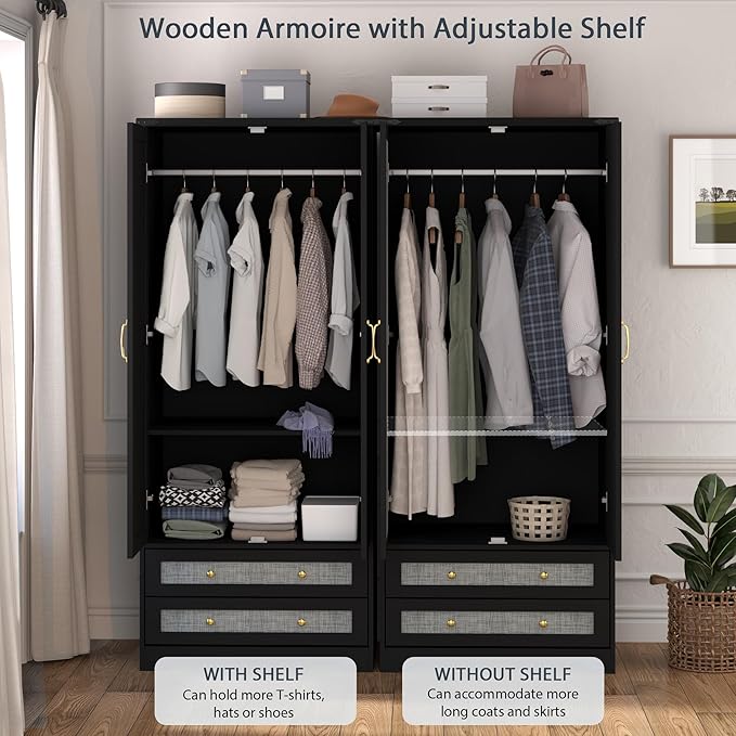 Brafab Armoire Wardrobe Closet with 2 Rattan Doors, 71" Farmhouse Tall Freestanding Coat Closet Wardrobe Cabinet with Drawers and Hanging Rail, Wooden Armoire Storage Cabinet with Shelf for Bedroom