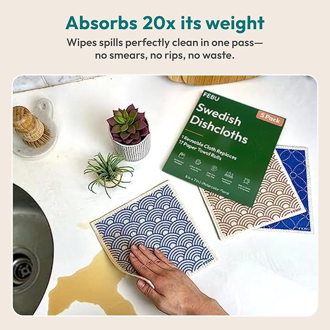 FEBU Swedish Dishcloths for Kitchen | 5 Pack Eastern Reusable Paper Towels Washable | Swedish Dish Towels | Non-Scratch Cellulose Sponge Cloths | No Odor, Biodegradable Cleaning Cloths