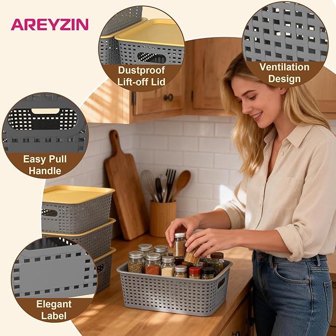 AREYZIN Plastic Storage Bins with Lids, 6-Pack Stackable Pantry Organizers and Storage Containers for Shelves, Closet Organization, Drawer Organizer Bins,Gray & yellow lids