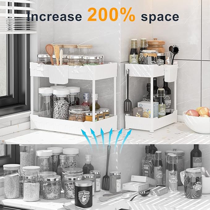 Sevenblue 2 Pack Under Sink Organizer, Under Bathroom Cabinet Organizer with Hooks Hanging Cup, Multi-Purpose Storage Shelf for Kitchen Bathroom (White, L)