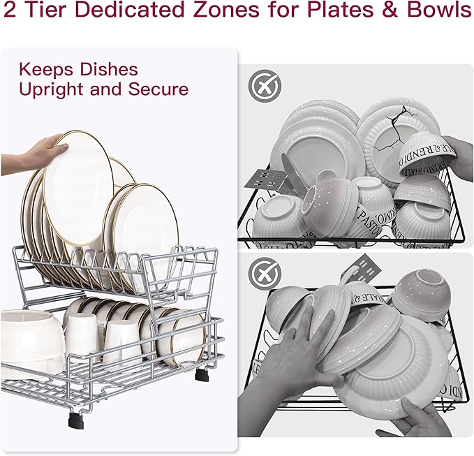 BOOSINY 2 Tier Red Large Stainless Steel Dish Drainers Drying Rack for Kitchen Counter with Drainboard, Rust Proof Metal, Space Saving, Modern Aesthetic, Compact Plates Strainers with Extra Mat