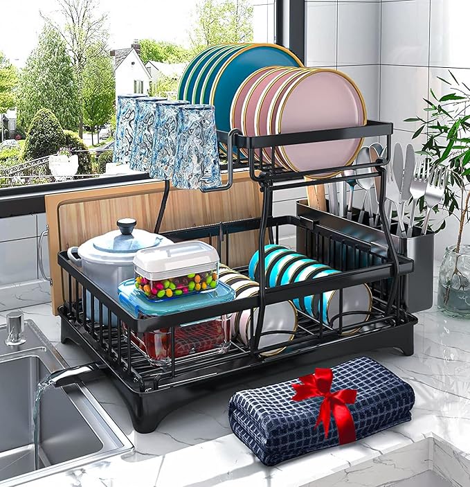 Godboat Dish Drying Rack, 2-Tier Dish Rack with Auto-Drain & Mat, Dish Racks for Kitchen Counter, Dish Drainer with Knife, Fork & Cup Rack, Gifts for Women, Mothers Day, Cool Stuff & Kitchen Gadgets