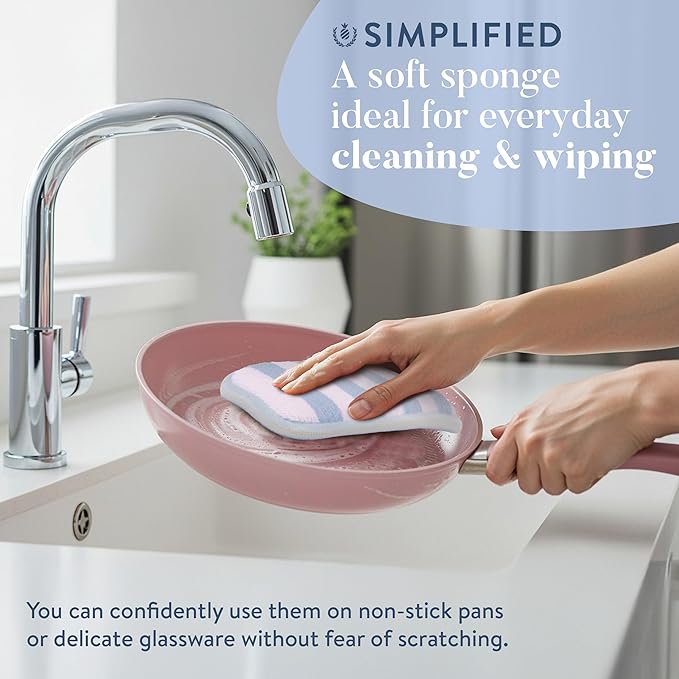 Simplified 5-Pack Scrub & Wipe 2-in-1 Dishwashing Sponges - Non-Abrasive Cleaning Sponges, Double-Sided - Safe for Dishes, Non-Stick Pans or Glassware, Absorbent Dish Sponges, Blue Stripe