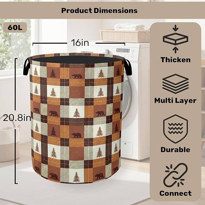 Forest Cabin Bear Laundry Basket with Handles - Extra Large Foldable Hamper for Bathroom/Laundry/Bedroom/Dorm, Washable Fabric Storage Bin