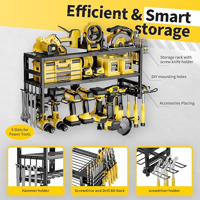SEENWUUN Power Tool Organizer Wall Mount Heavy Duty 320 lbs, 3 Layers Storage Rack with 9 Drill Holders & Battery Storage, cordless tool organizer for Garage, Workshop & Tool Room