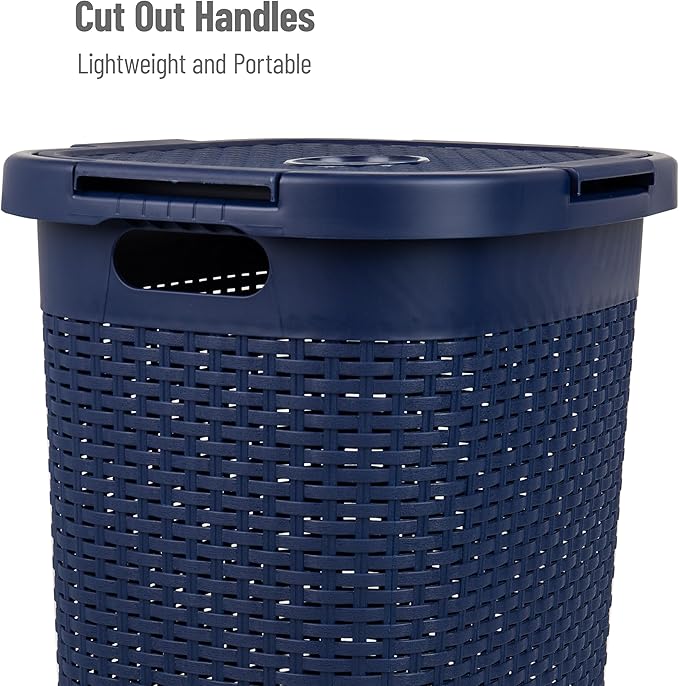 Mind Reader Slim Laundry Hamper with Lid, 60L Clothes Basket, Premium Wicker Design, Plastic, Navy