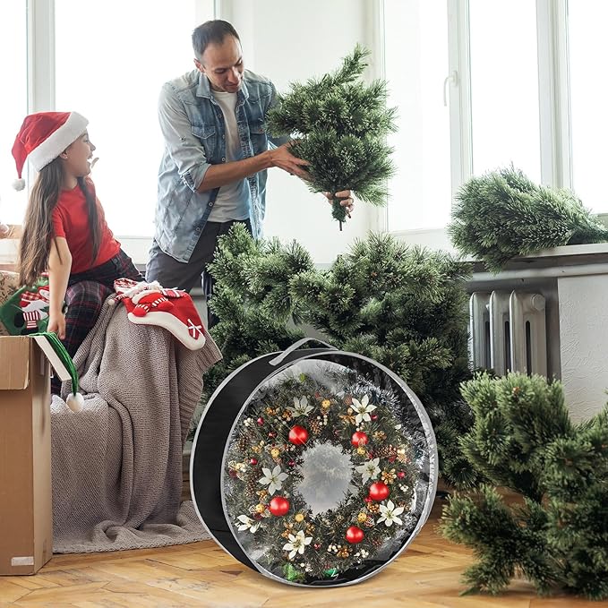 4 Pcs Christmas Wreath Storage Bag, Christmas Garland Storage Container with Clear Window, Zipper & Handle for Xmas Holiday Seasonal Wreath Garland Box(Black,24")