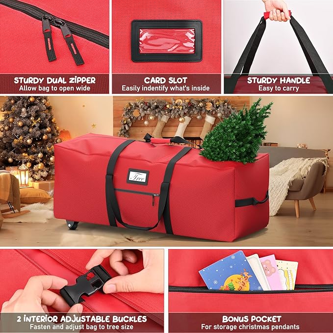 Mrrihand Christmas Tree Storage Bag, Large Artificial Anti-Tear Heavy-Duty 600D Oxford Cloth Xmax Christmas Tree Storage Box with Rolling Wheels, Christmas Tree Storage Container (Red, 7.5Ft)