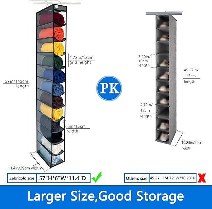 zebricolo,Closet Organization,12 Section,Hanging Closet Organizer,Space Saving, College Dorm Essentials for Girls, Heavy dutys Hooks Up to 45 Pounds, Clothes Storage,Closet Organizer,Grey/Black