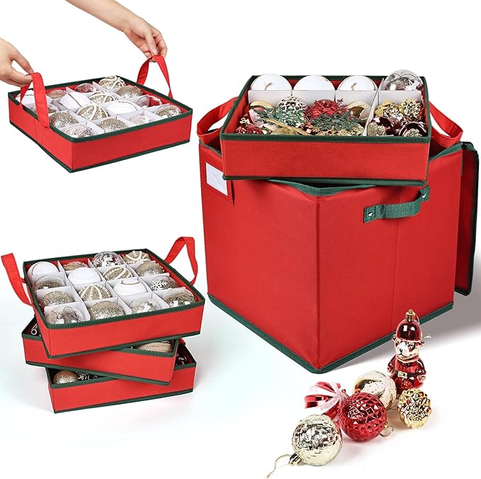 Christmas Ornament Storage Box High Capacity Decoration Organizer Holds Up to 64 Ornaments Decoration Balls Holiday Storage Case with Lid Large Foldable Storage Case for Sundries or Clothes (Red)