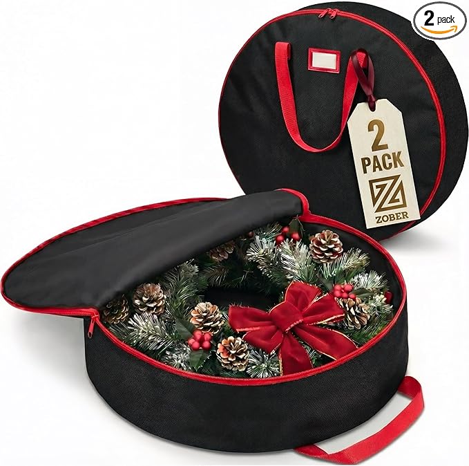 ZOBER 2 Pack Oxford Christmas Wreath Storage Container 24 Inch - Wreath Bag for Artificial Wreaths Box - Waterproof Fabric, Dual Zippered Wreaths Storage Bag With Strong Durable Handles - Black