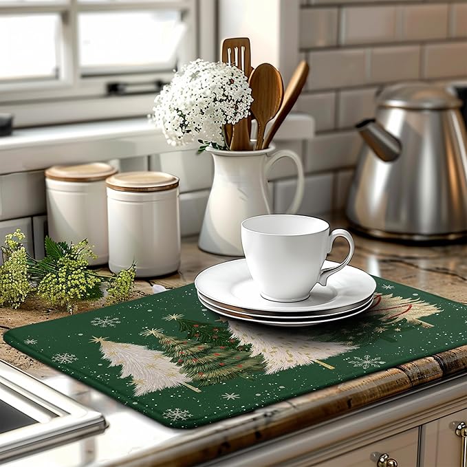 Wnoesat Green Christmas Tree Snowflakes Dish Drying Mat for Kitchen Counter 18x24 Inch Winter Xmas Holiday Dish Rack Mat Absorbent Microfiber Dish Draining Mat Reversible Drainer Pad