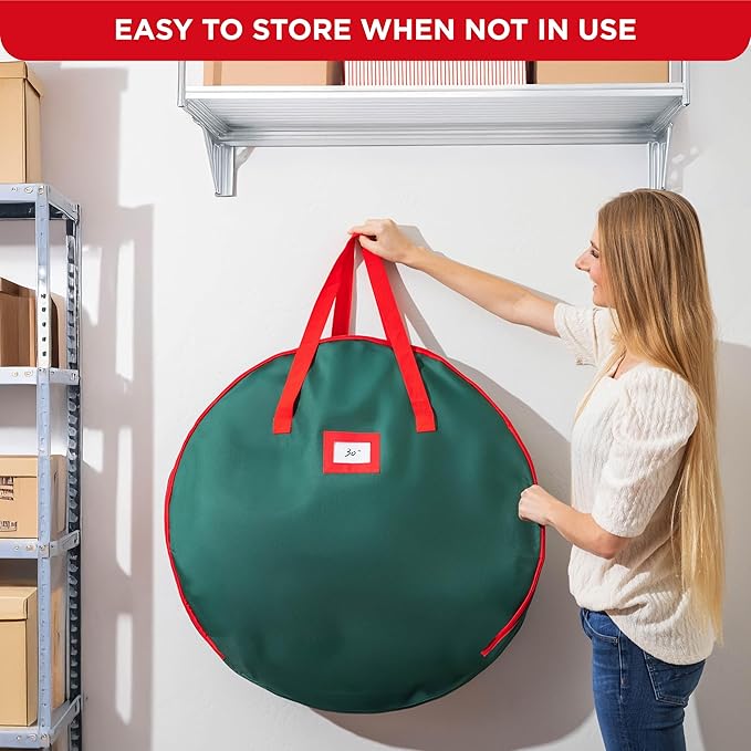 HOLDN’ STORAGE Premium Wreath Storage Bag - Durable Material - Waterproof - Heavy-duty Christmas Storage Container for Xmas Wreath with Dual Zipper Closure, Tear-proof, 30"W x 7.5"D - Green
