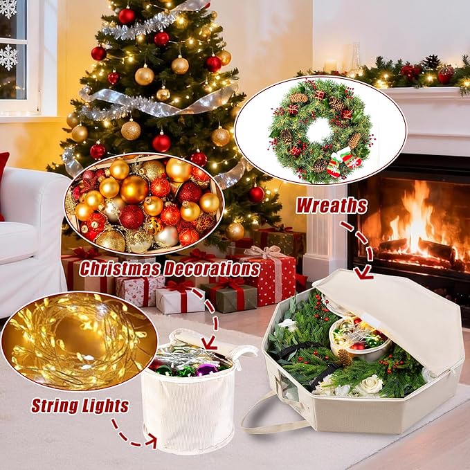 Wreath Storage Christmas Garlands Bag with Interior Pockets Large Xmas Container Box for Holiday Decorations Case with Zipper Handles Window Labeling Card Slot 24" Houndstooth