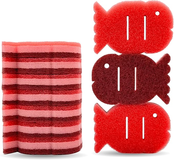 Ohsoborn 10 Pack Multipurpose Dual Sided Triple Layer Dish Sponges Kitchen | Boil Safe Scratch Free Odor Resistant Extra Durable | Flexible and Durable Design for Long Lasting Use (10, Fish)