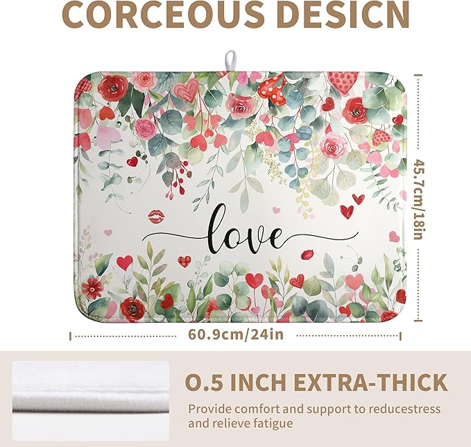Wnoesat Valentines Day Love Heart Rose Eucalyptus Leaves Dish Drying Mat for Kitchen Counter 18x24 Inch Spring Valentine Microfiber Absorbent Dish Drainer Mats Reversible Drying Pad