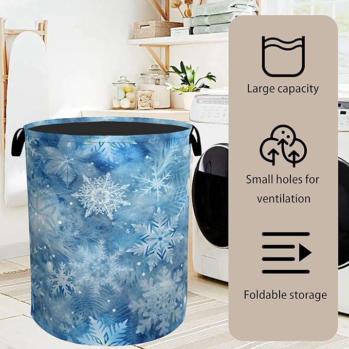 Winter Laundry Basket, Snowflakes Laundry Hamper, Heavy Duty 60L Dirty Clothes Organizer, Water Resistant Foldable Hamper for Men Women