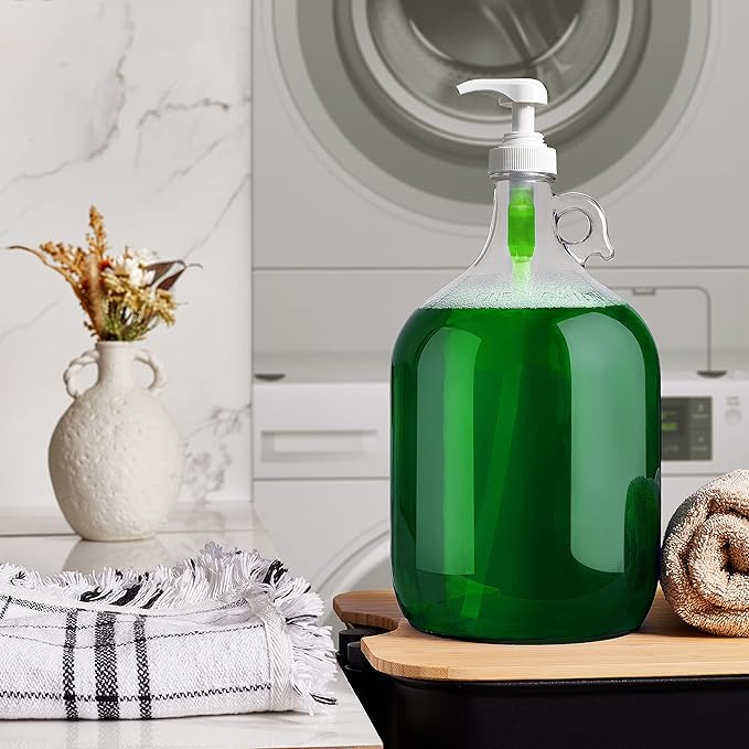 Gallon Glass Pump Dispenser Bottle, Large Jug Laundry Liquid Detergent Dispenser with Pump for Laundry Room Organization, Soap, Fabric Softener, Commercial Condiment Dispenser- 128 oz by Kitchentoolz