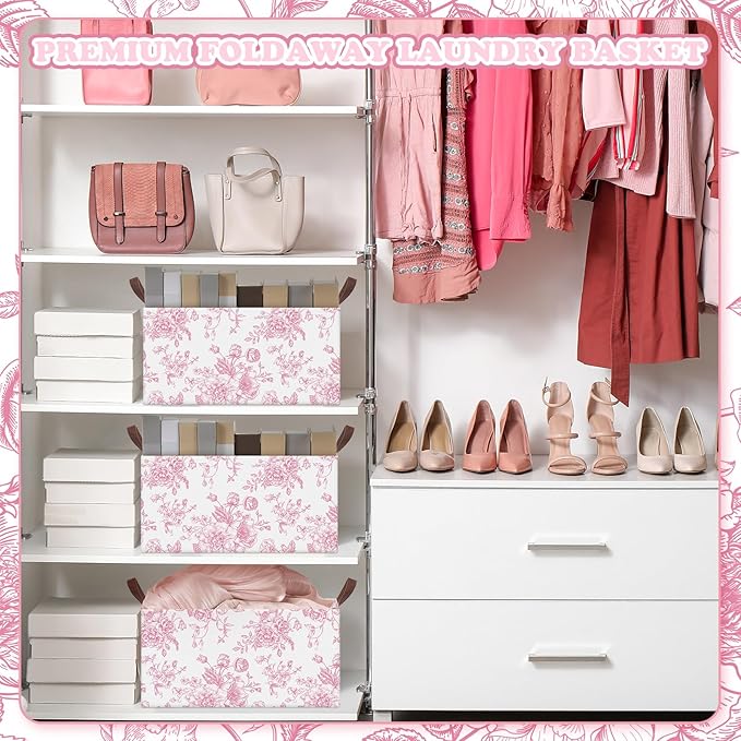 Boao 3 Pcs Pink Flower Foldable Storage Baskets Pink Hydrangea Laundry Basket with Handles Waterproof Storage Bins Fabric Shelf Baskets for Organizing Closet Clothes