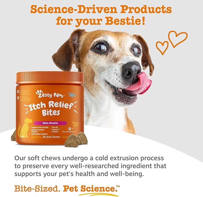 Zesty Paws Itch Relief for Dogs - Chews for Itching Skin & Coat - Omega-3 Fish Oil with EPA & DHA - Dog Allergy Relief Chews Supplement - Vitamin C & E Antioxidant Support - Chicken Flavor - 90 Count