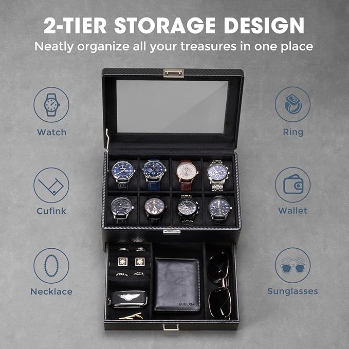 ProCase Watch Box for Men, Jewelry Organizer Box with Drawer, Display Storage Case with Glass Lid -AllBlack, 8 Slot