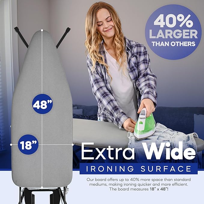 BKTD Extra-Wide Ironing Board – 48"×18" Large Surface (57" w/Iron Rest) • Built-in Clothes Rack, Hanger & Cord Holder • Heat-Resistant Cover • Heavy-Duty, No Wobble • Adjustable Height • Black Grey.
