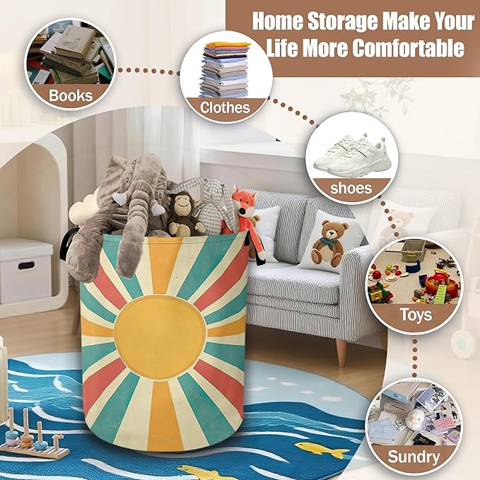 Groovy Retro Sun Laundry Baskets,Laundry Hamper,Storage Basket with Handles for Bathroom Bedroom College Dormitory Living Room Nursery Organizer 16"x20.8"