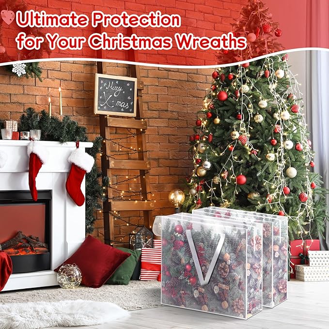 4PCS Christmas Wreath Storage Container, 25" Large Moving Bags Garland Container Clear Storage Bags with Handles Zippers Clear Christmas Storage Bags for Xmas Seasonal Holiday Wreath Storage Wrapping