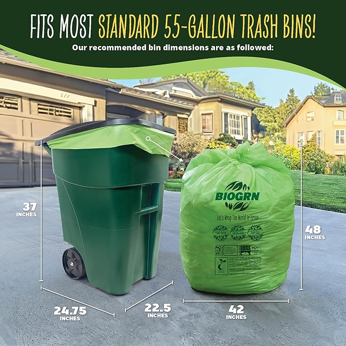 BIOGRN 50-55 Gallon Compostable Trash Bags Flat-Top 12 Bags Heavy Duty 1.57 Mil 208.2 Liter Large Lawn and Yard Waste Bag Compost for Outdoor Garden ASTM D6400, US BPI and OK Compost Home Certified
