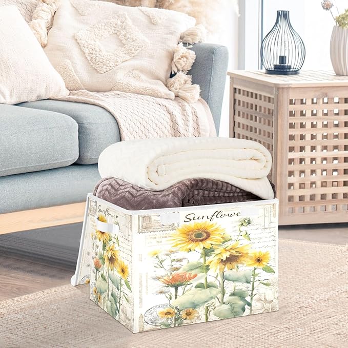 Bolaz Storage Bins with Lids and Handles,Sunflower Stamp Storage Box Basket with Cover Collapsible Organizer Containers for Home Closet, Shelves