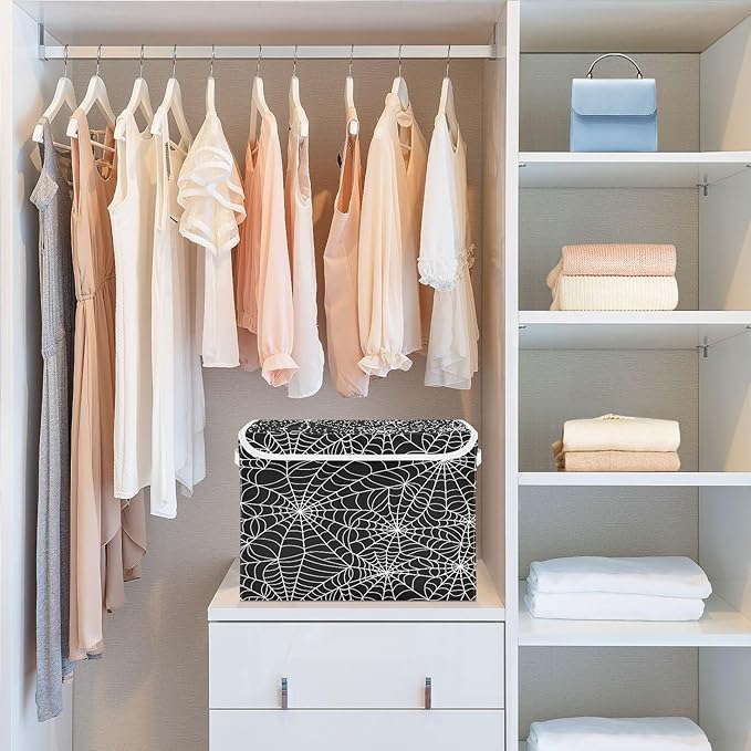 Bolaz Storage Bins with Lids and Handles,Halloween Gray Spider Web Storage Box Basket with Cover Collapsible Organizer Containers for Home Closet, Shelves
